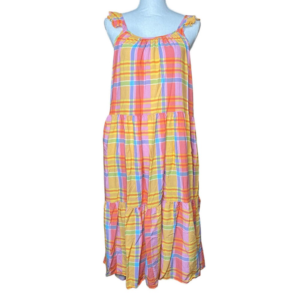 Time & Tru Womens Yellow Blue Coral Plaid Sleeveless Flutter Tiered Sun Dress M